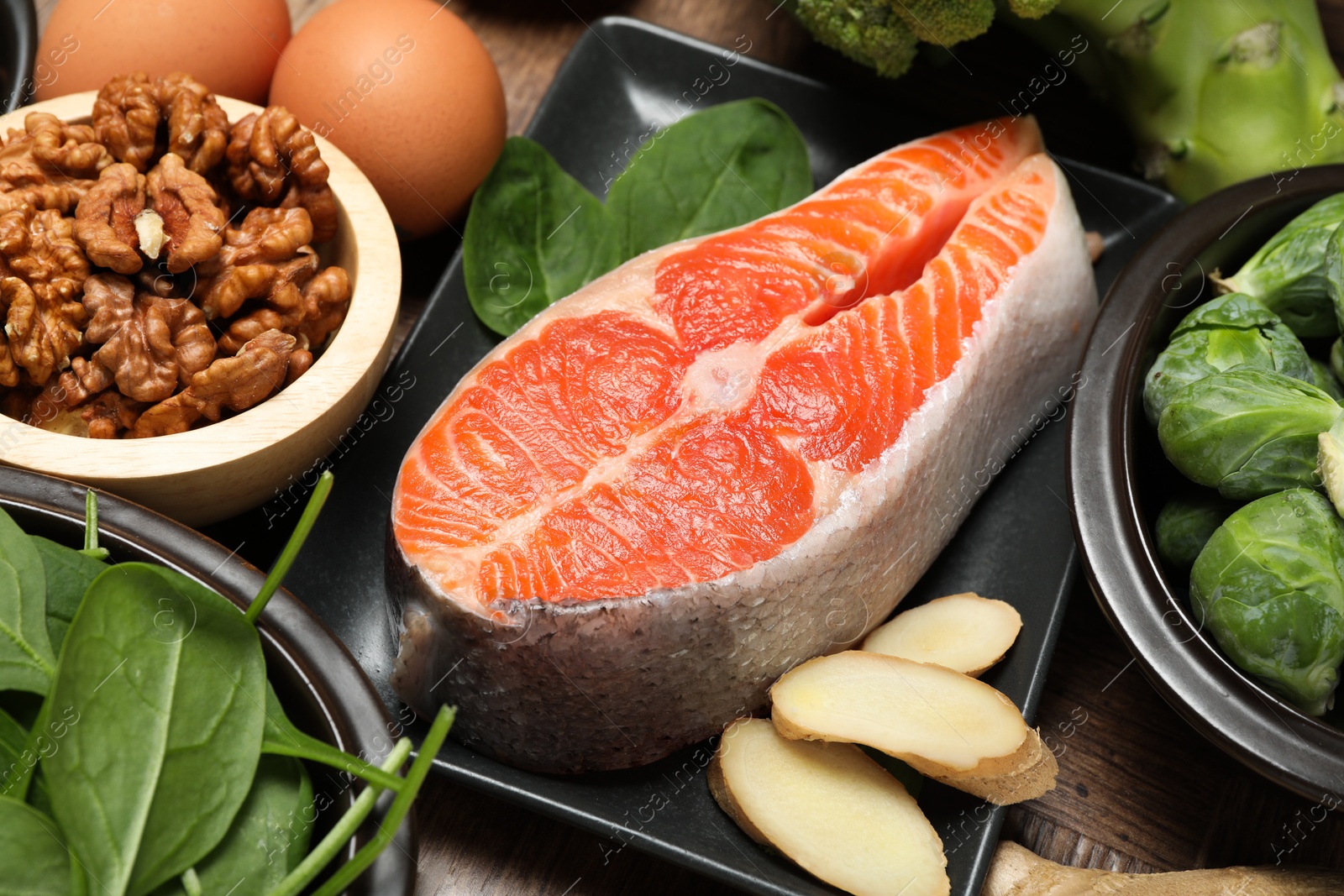 Photo of Different fresh products rich in melatonin on table, closeup