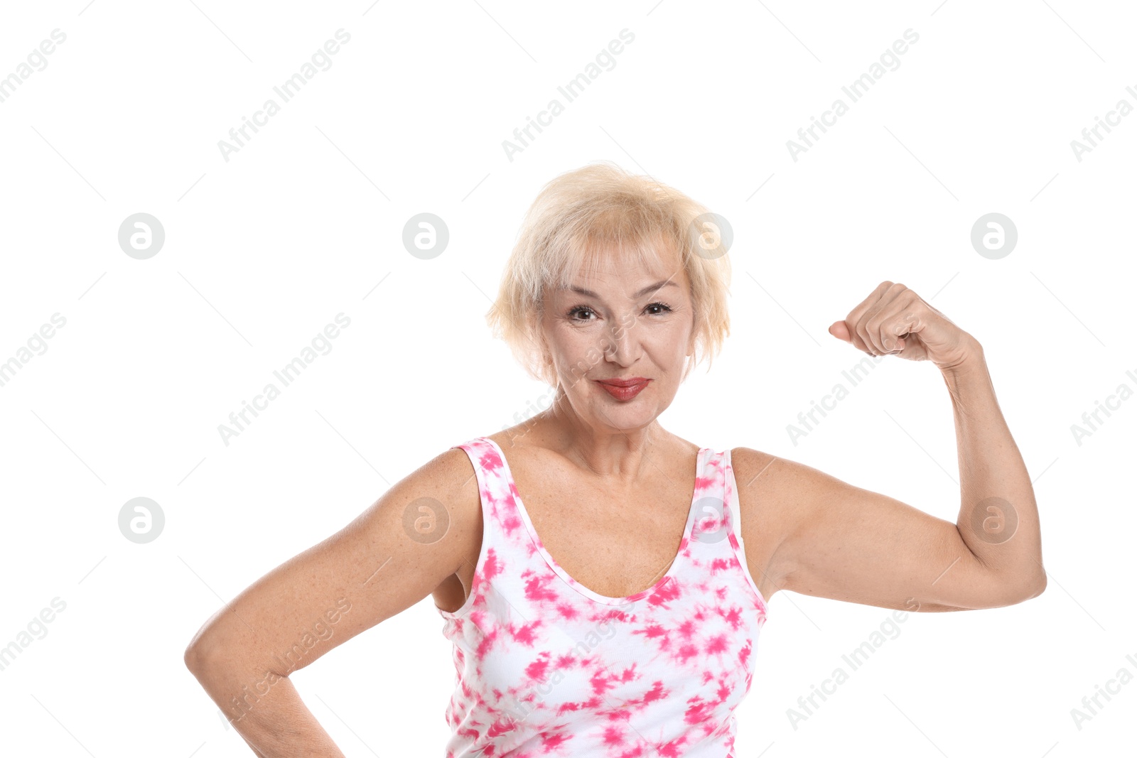 Photo of Senior woman exercising on white background. Healthy lifestyle