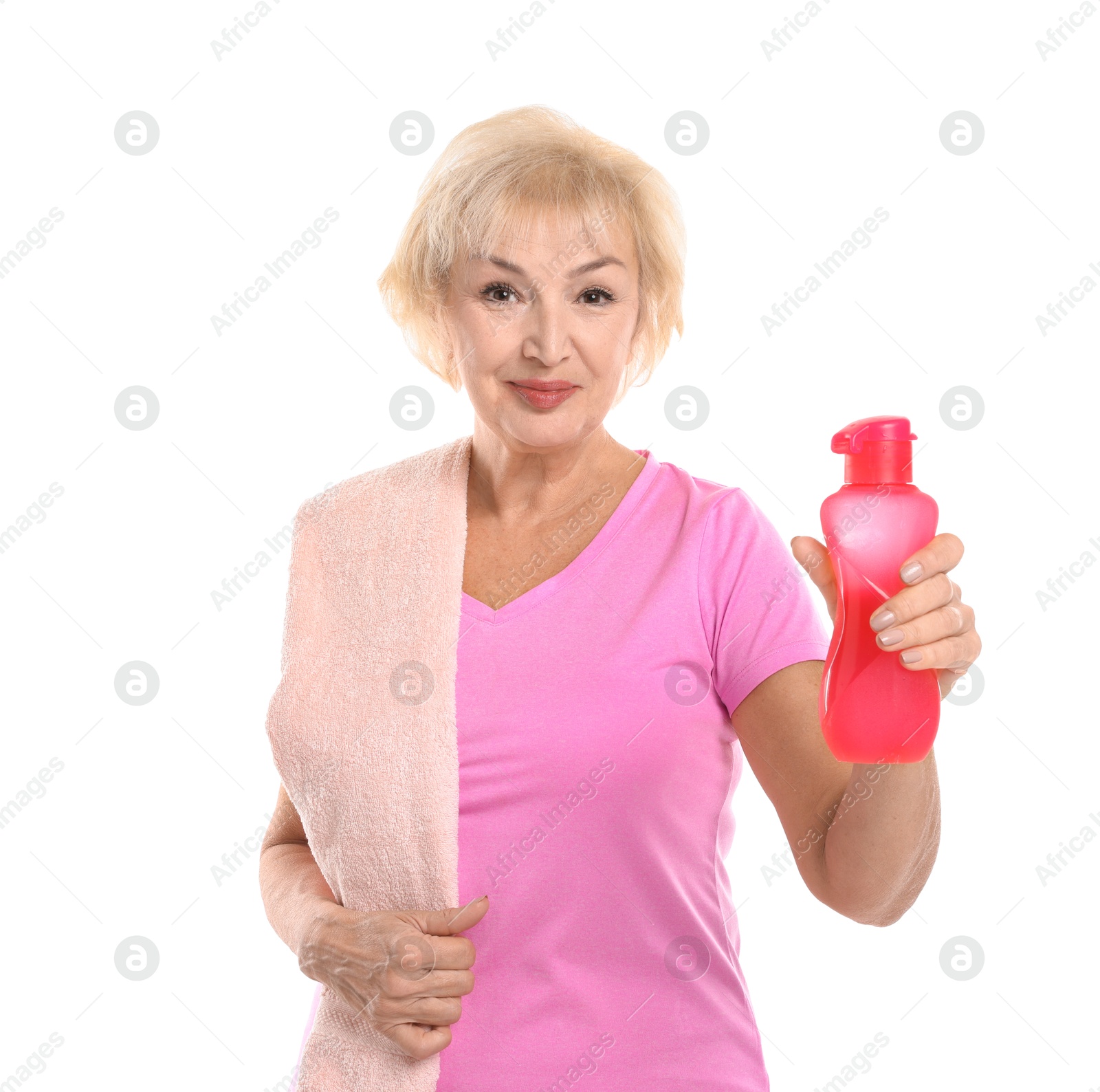 Photo of Senior woman with towel and water on white background