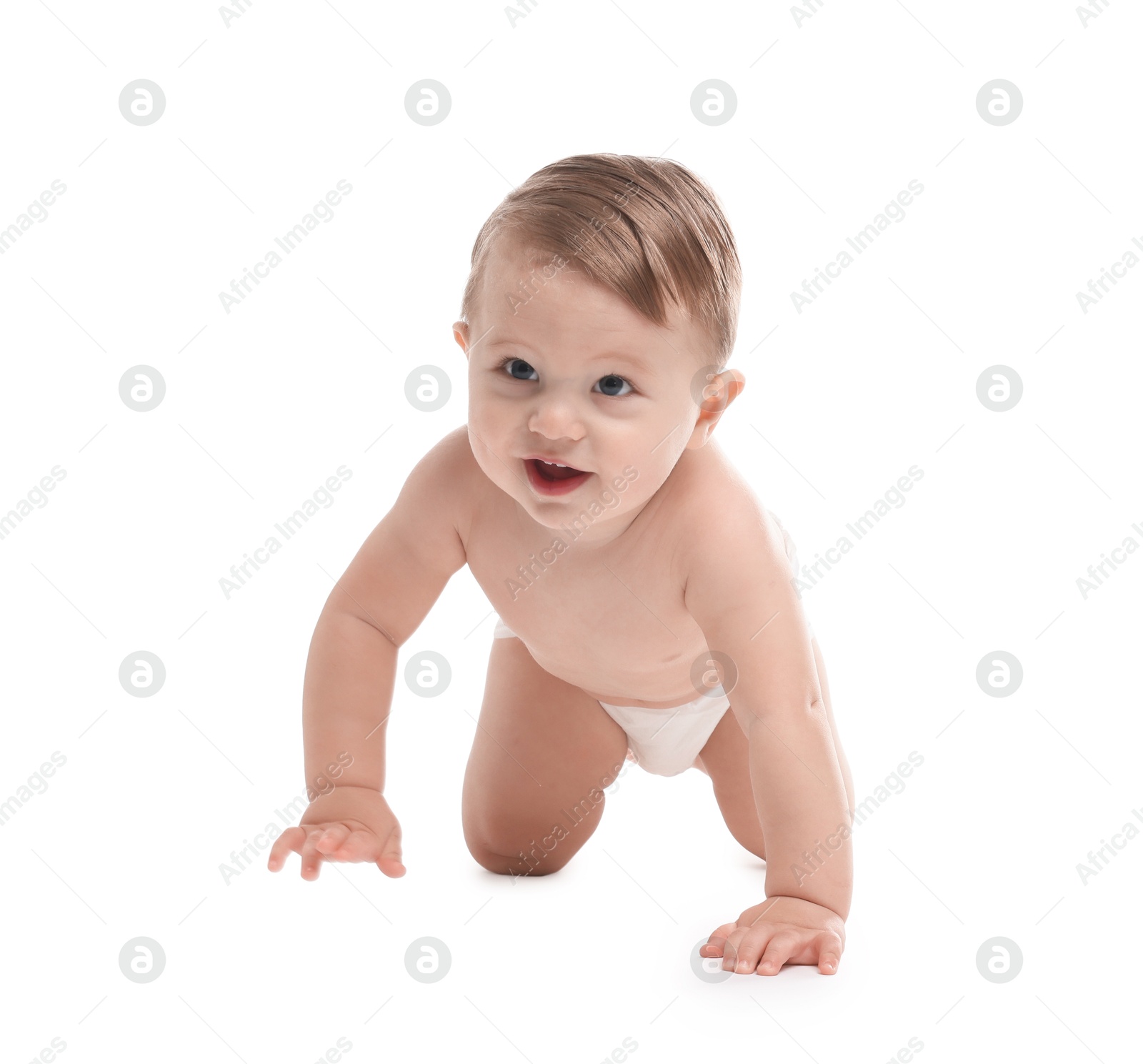 Photo of Cute little baby in diaper on white background