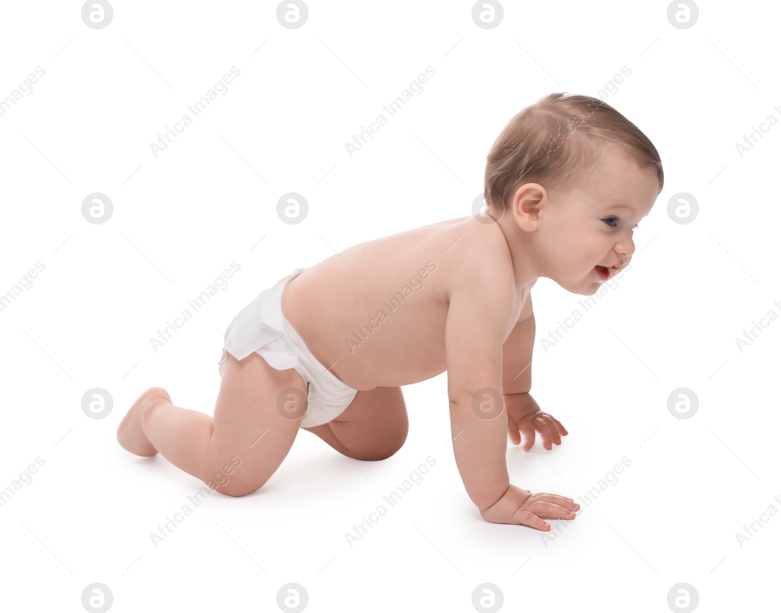 Photo of Cute little baby in diaper on white background