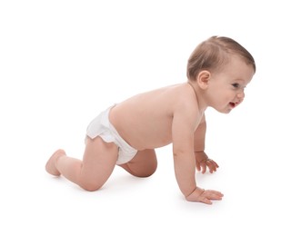 Photo of Cute little baby in diaper on white background