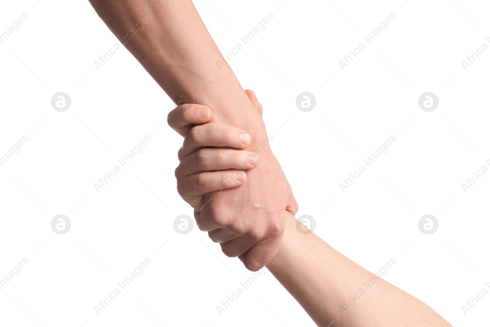 Photo of Help and support. People holding hands on white background, closeup