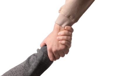 Photo of Help and support. People holding hands on white background, closeup