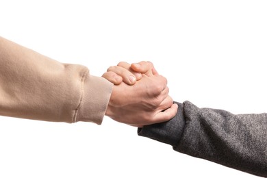 Photo of Help and support. People holding hands on white background, closeup