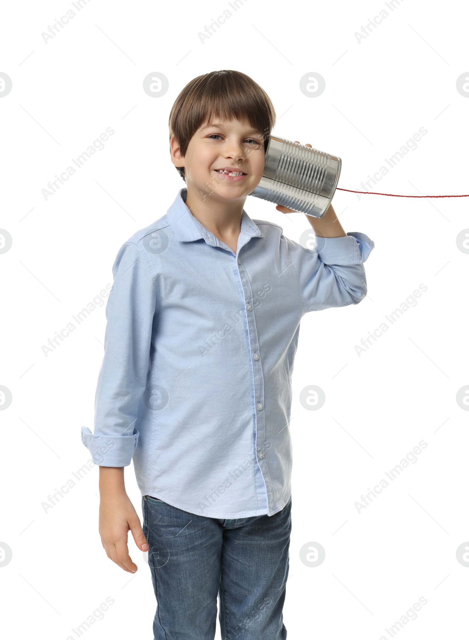 Photo of Boy using tin can telephone on white background