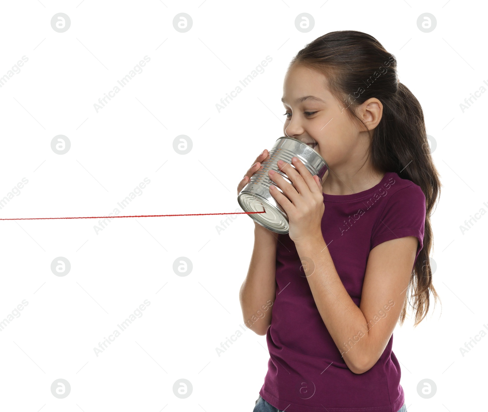 Photo of Girl using tin can telephone on white background