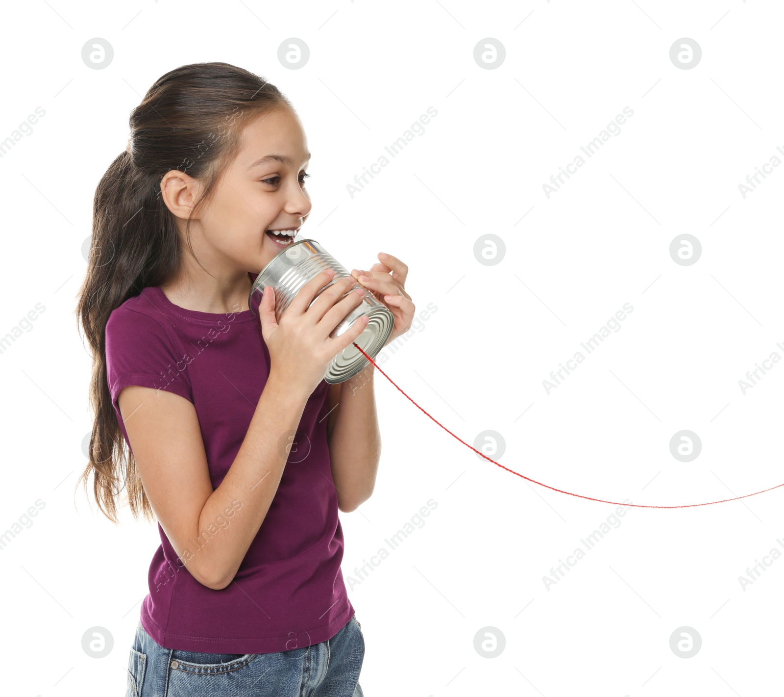 Photo of Girl using tin can telephone on white background