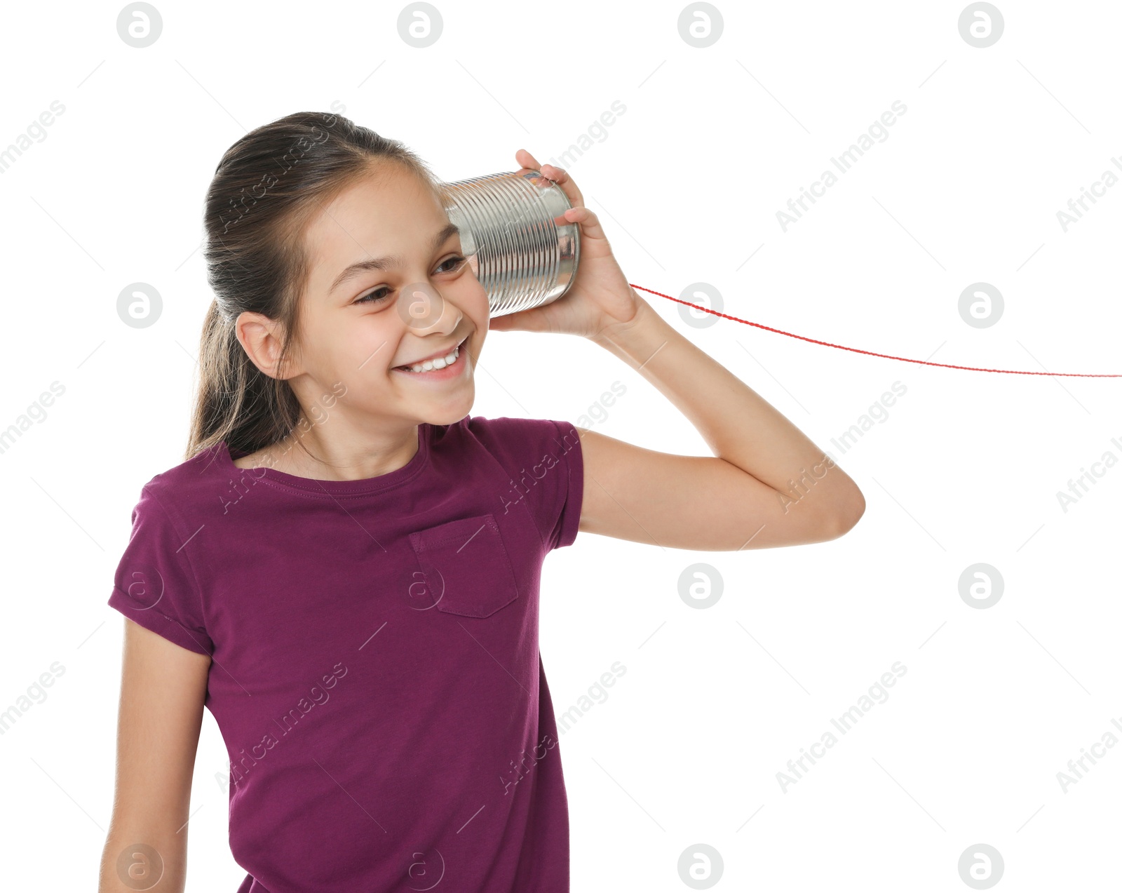 Photo of Girl using tin can telephone on white background