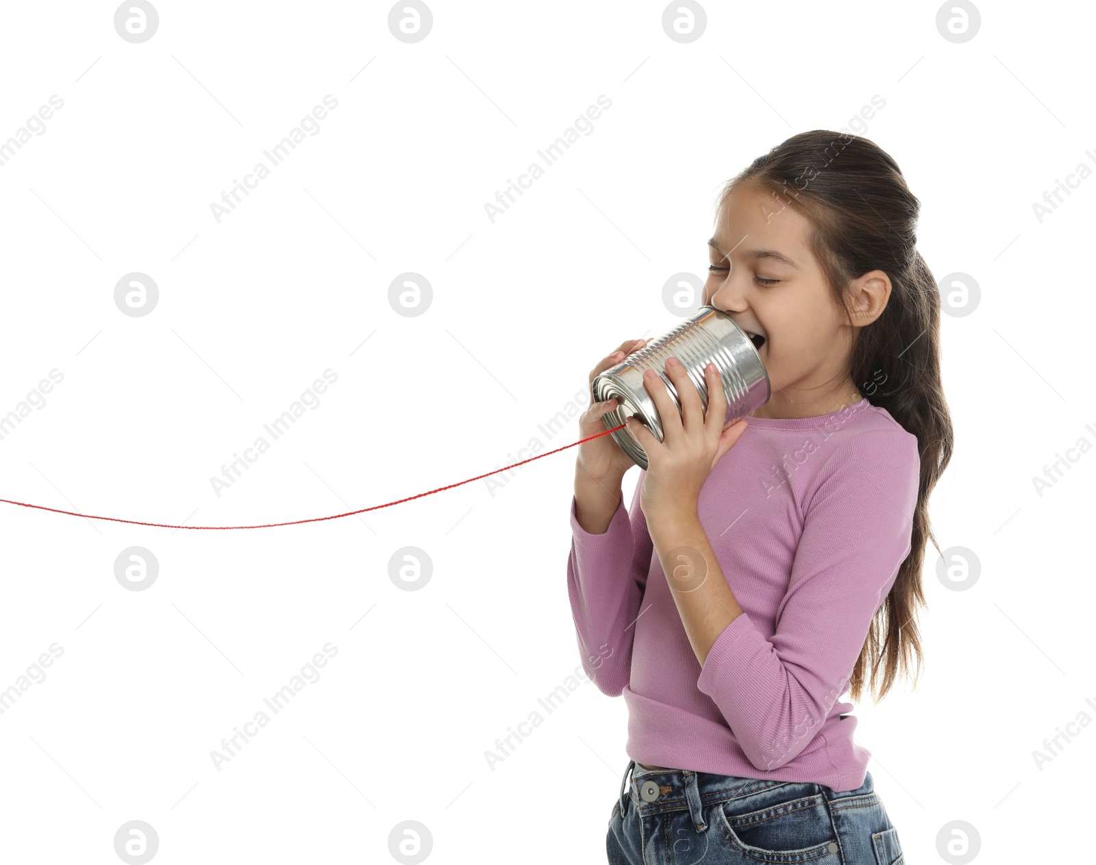 Photo of Girl using tin can telephone on white background