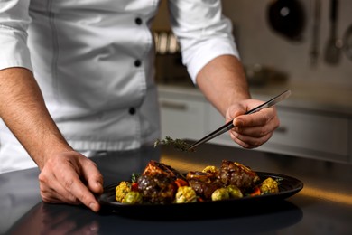 Professional chef serving dish at table indoors, closeup