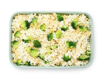 Photo of Uncooked pasta casserole with cheese and broccoli in baking dish isolated on white, top view