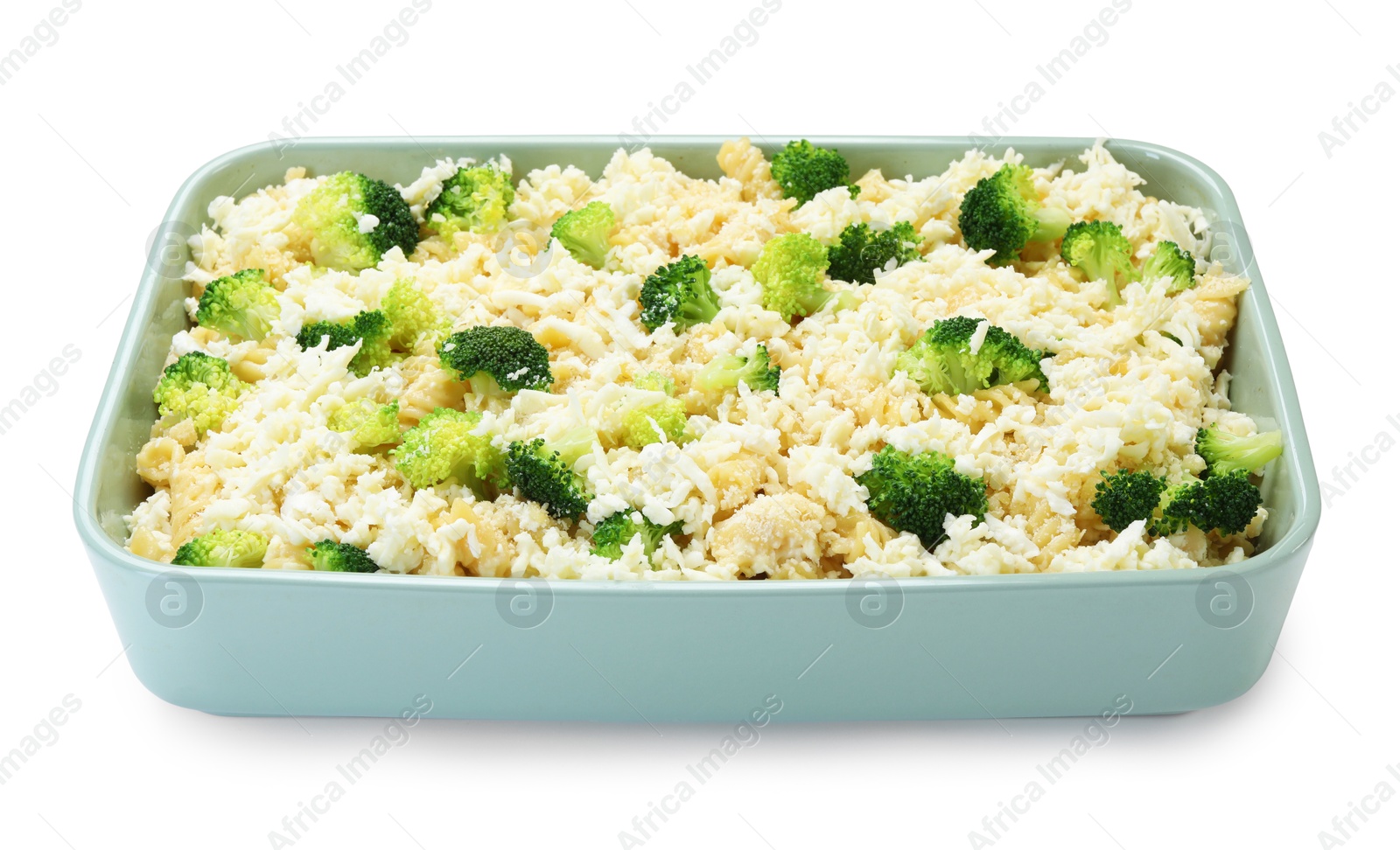 Photo of Uncooked pasta casserole with cheese and broccoli in baking dish isolated on white