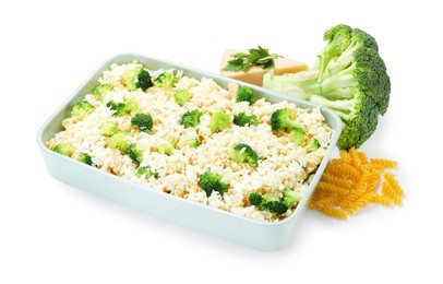 Photo of Uncooked pasta casserole with cheese and broccoli isolated on white