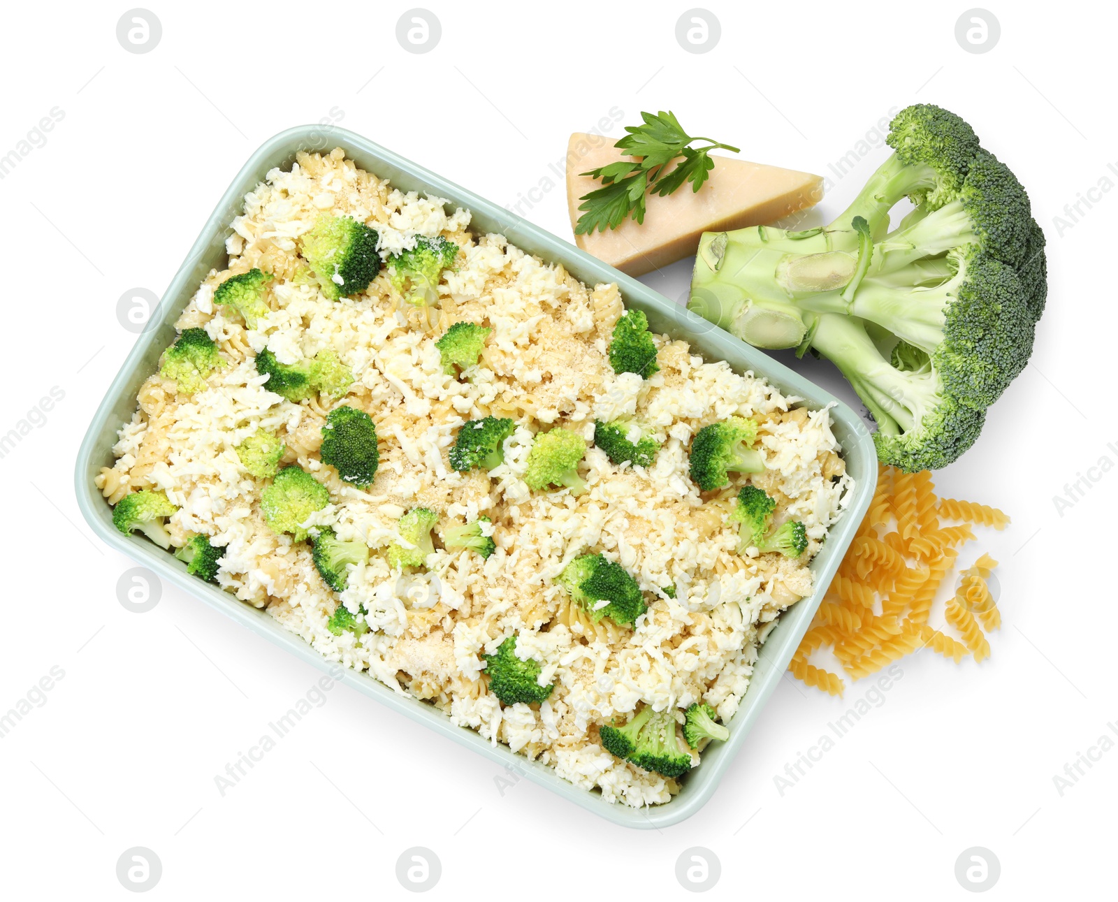 Photo of Uncooked pasta casserole with cheese and broccoli isolated on white, top view