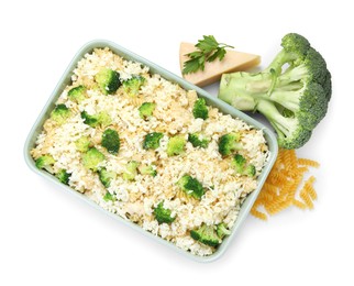 Photo of Uncooked pasta casserole with cheese and broccoli isolated on white, top view