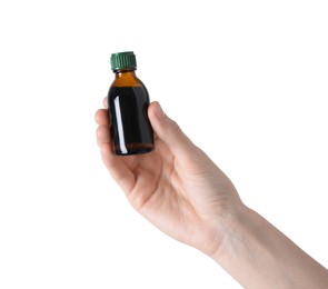 Woman with bottle of topical iodine on white background, closeup