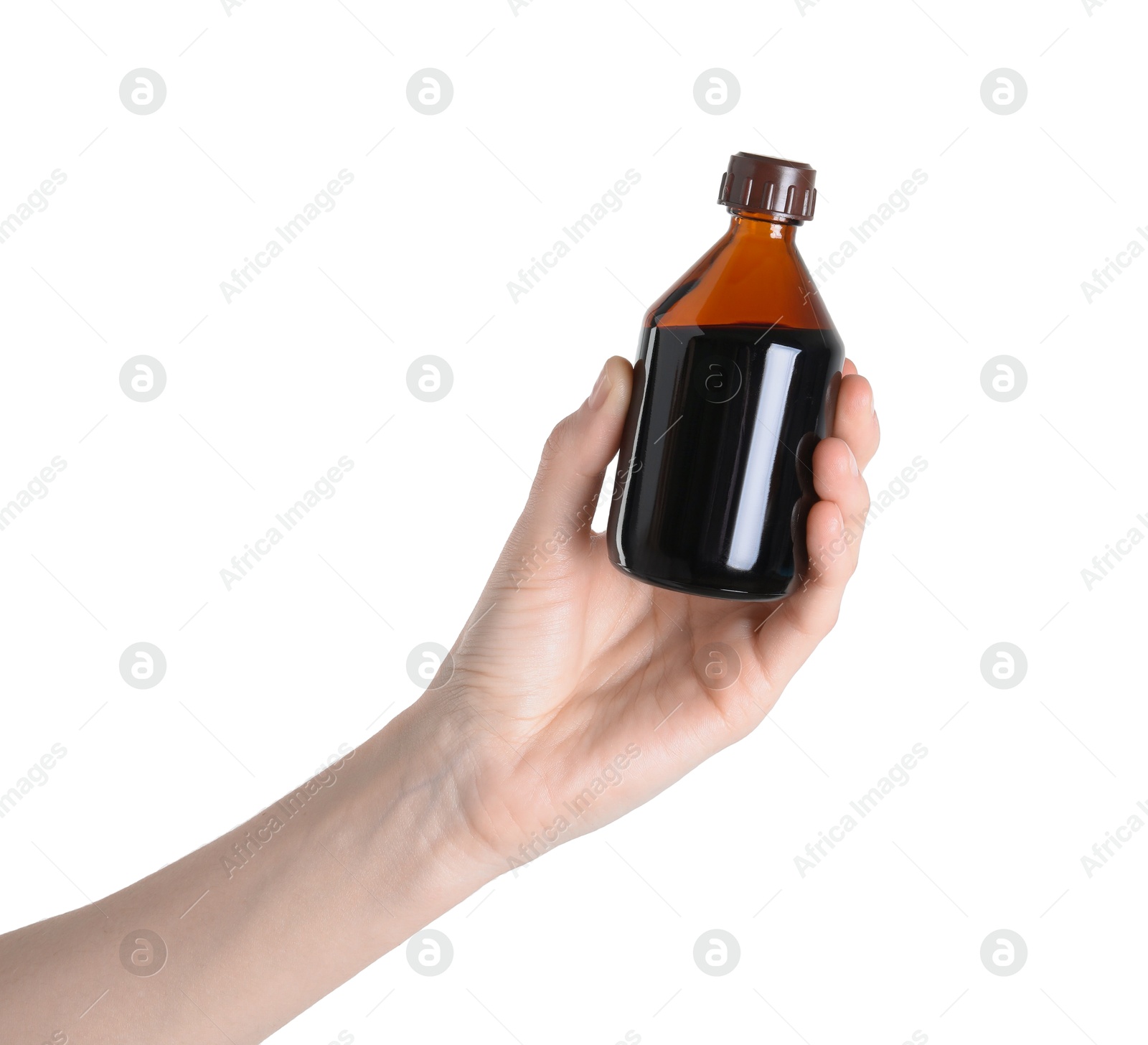 Photo of Woman with bottle of topical iodine on white background, closeup