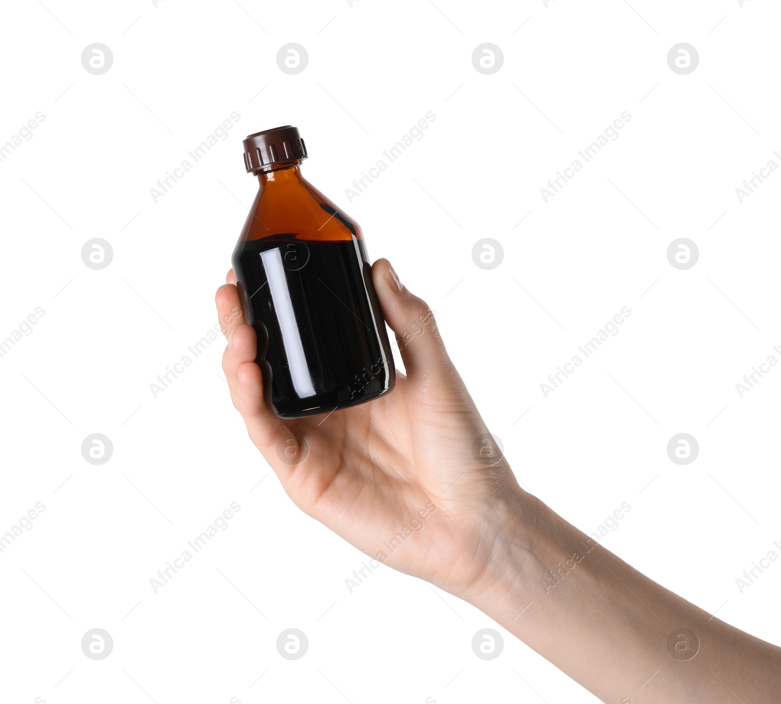 Photo of Woman with bottle of topical iodine on white background, closeup