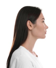 Photo of Profile of young woman with beautiful nose on white background