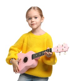 Photo of Little girl playing ukulele on white background