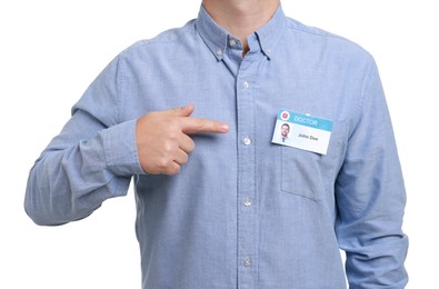 Photo of Doctor with badge on white background, closeup