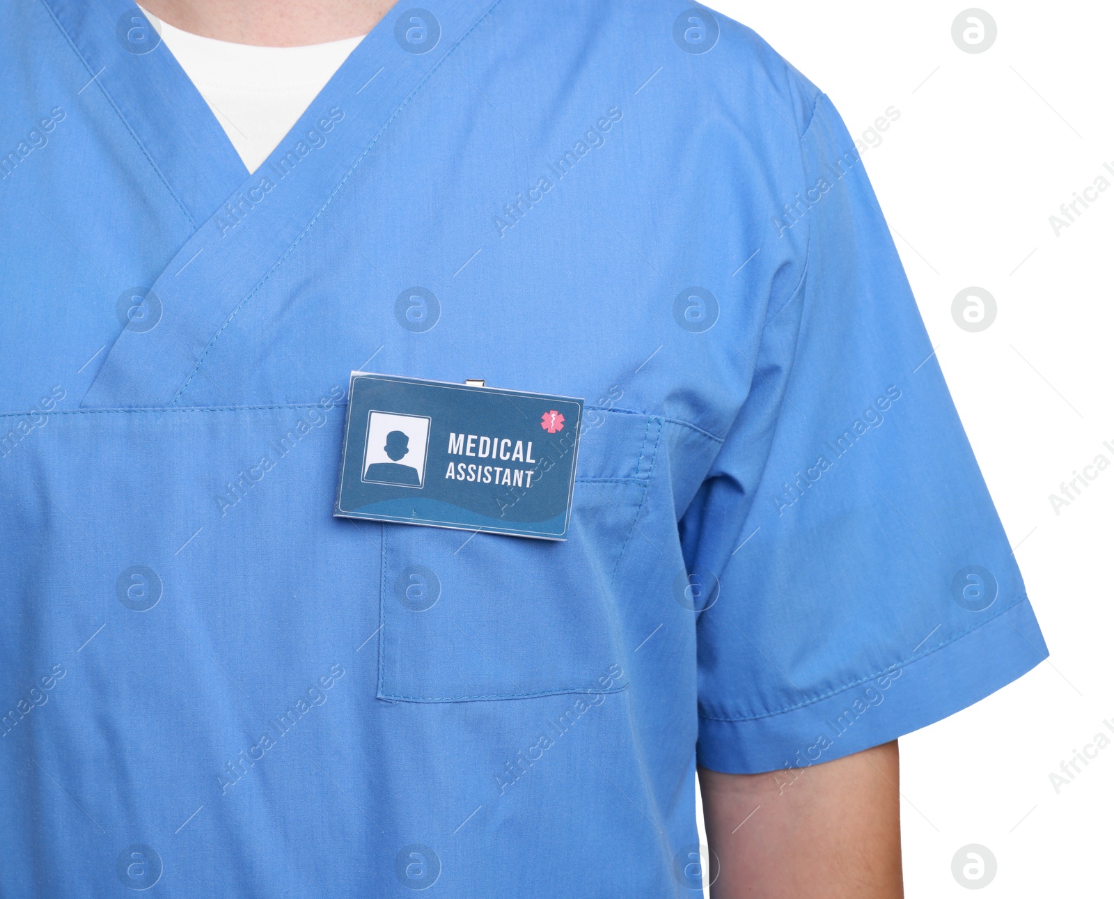 Photo of Medical assistant with badge on white background, closeup