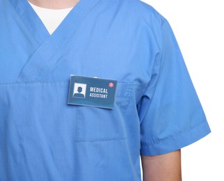 Photo of Medical assistant with badge on white background, closeup