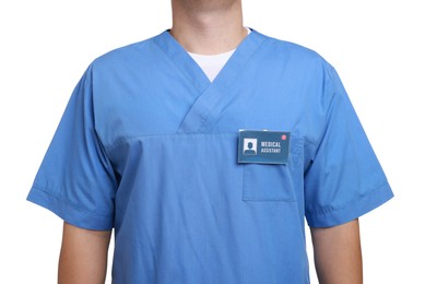 Photo of Medical assistant with badge on white background, closeup