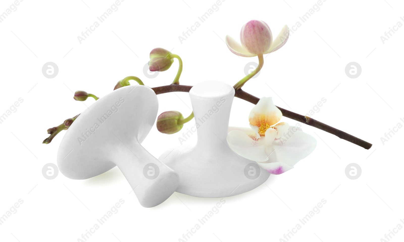 Photo of Spa stones and orchid branch isolated on white