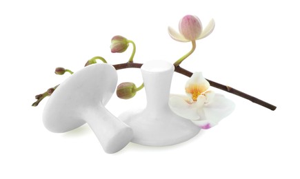 Photo of Spa stones and orchid branch isolated on white