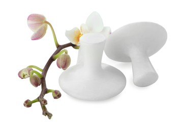 Photo of Spa stones and orchid branch isolated on white