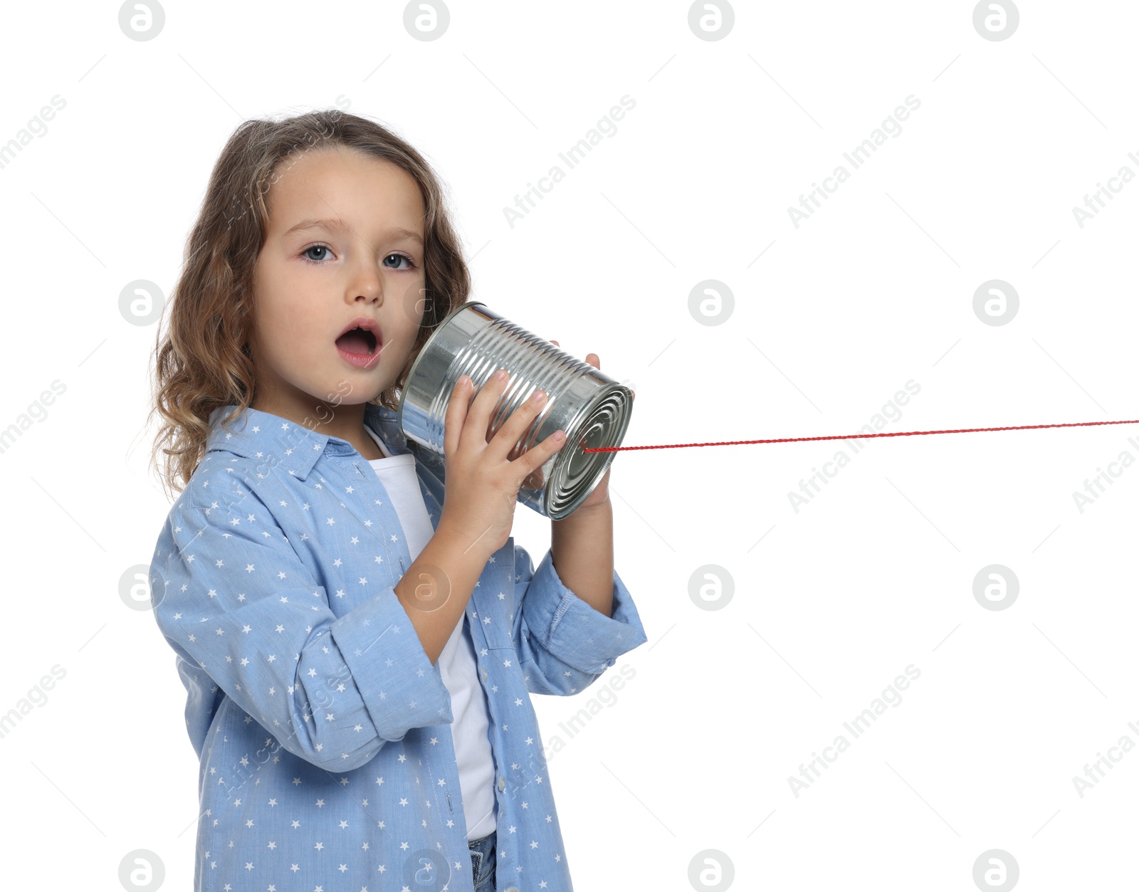 Photo of Girl using tin can telephone on white background