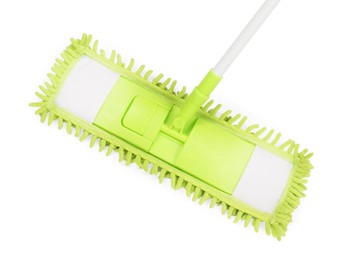 Photo of Mop with plastic handle isolated on white. top view