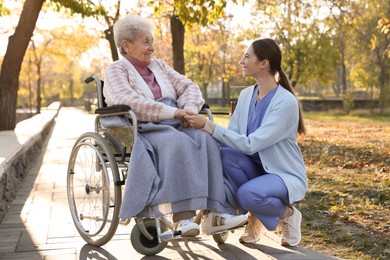 Photo of Caregiver with elderly woman in wheelchair at park