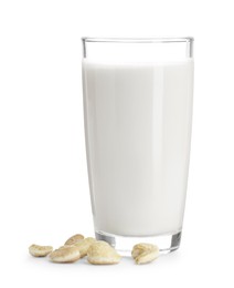 Photo of Fresh cashew milk in glass and nuts isolated on white