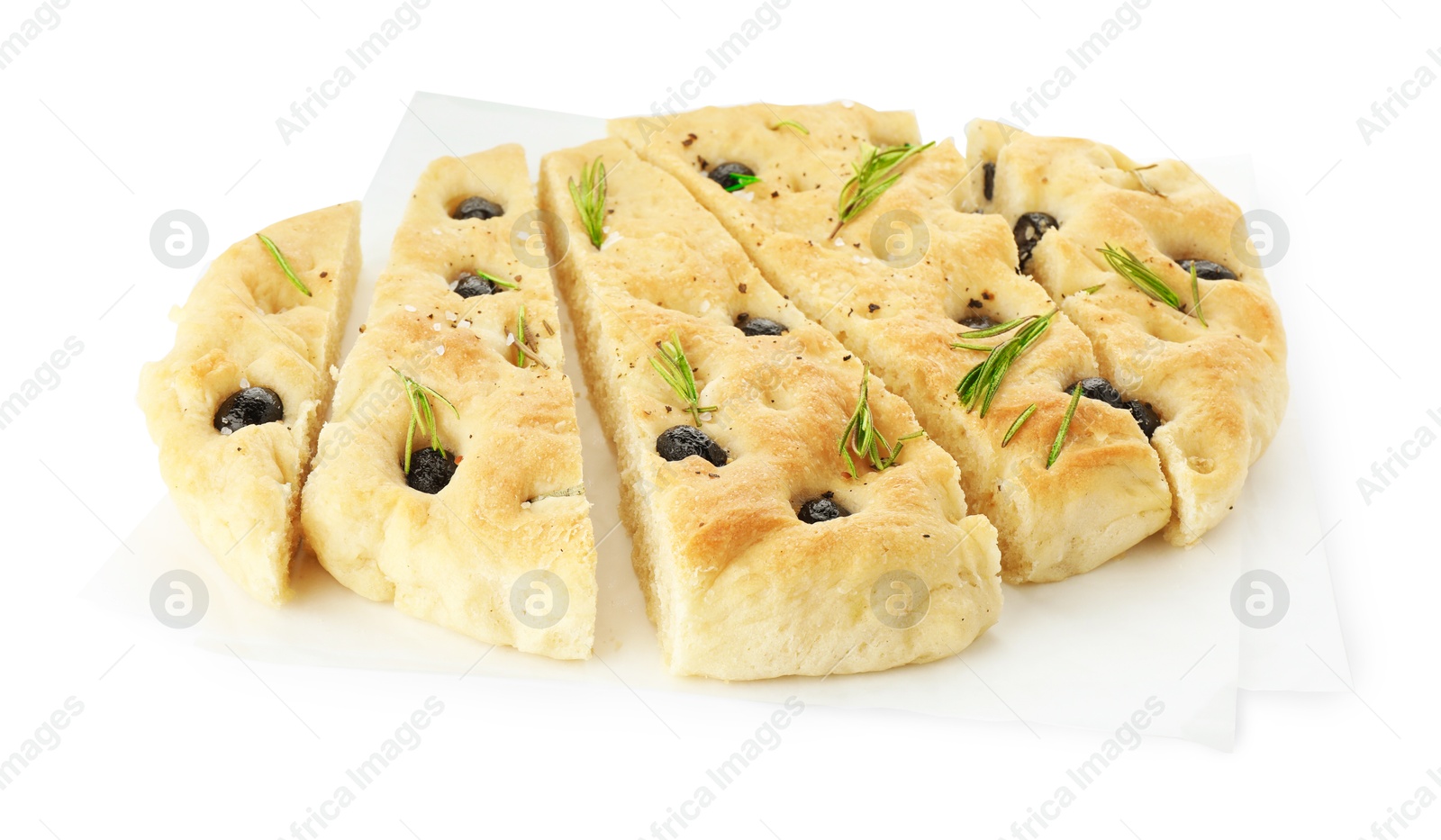 Photo of Slices of delicious focaccia bread with olives and rosemary isolated on white