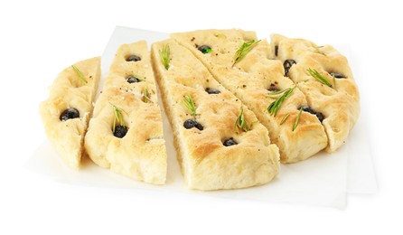 Photo of Slices of delicious focaccia bread with olives and rosemary isolated on white