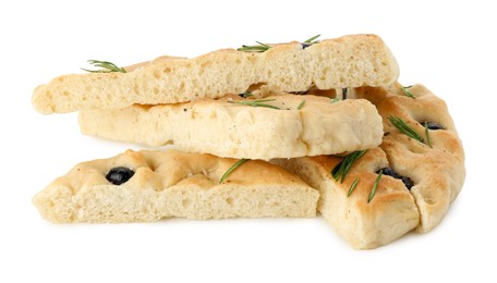 Photo of Slices of delicious focaccia bread with olives and rosemary isolated on white