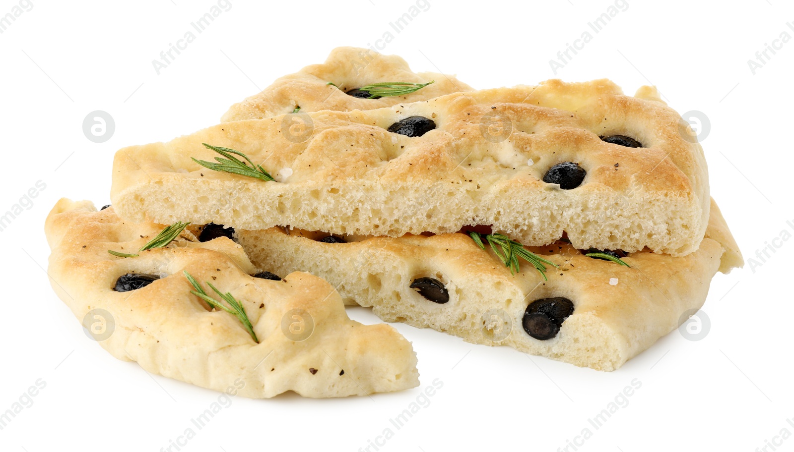 Photo of Slices of delicious focaccia bread with olives and rosemary isolated on white