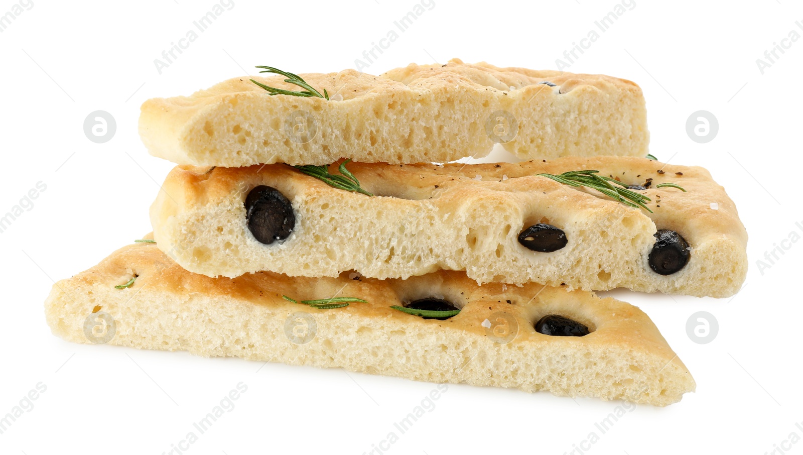 Photo of Slices of delicious focaccia bread with olives and rosemary isolated on white