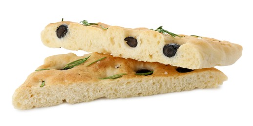 Photo of Slices of delicious focaccia bread with olives and rosemary isolated on white