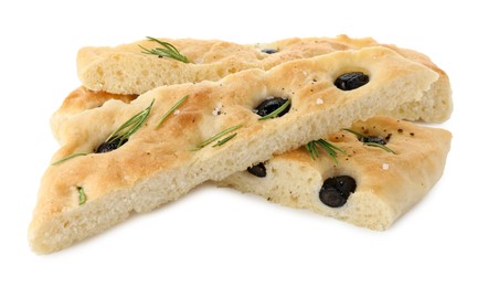 Photo of Slices of delicious focaccia bread with olives and rosemary isolated on white