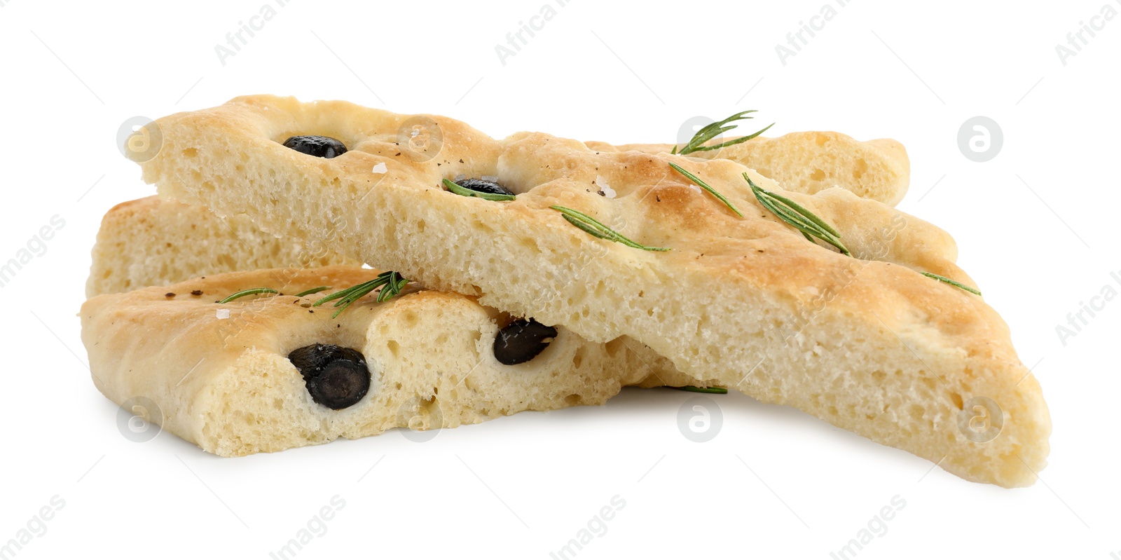 Photo of Slices of delicious focaccia bread with olives and rosemary isolated on white