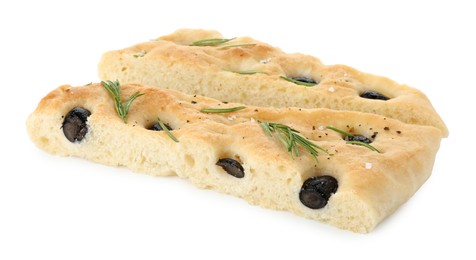 Photo of Slices of delicious focaccia bread with olives and rosemary isolated on white