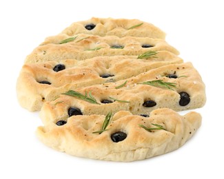 Photo of Slices of delicious focaccia bread with olives and rosemary isolated on white