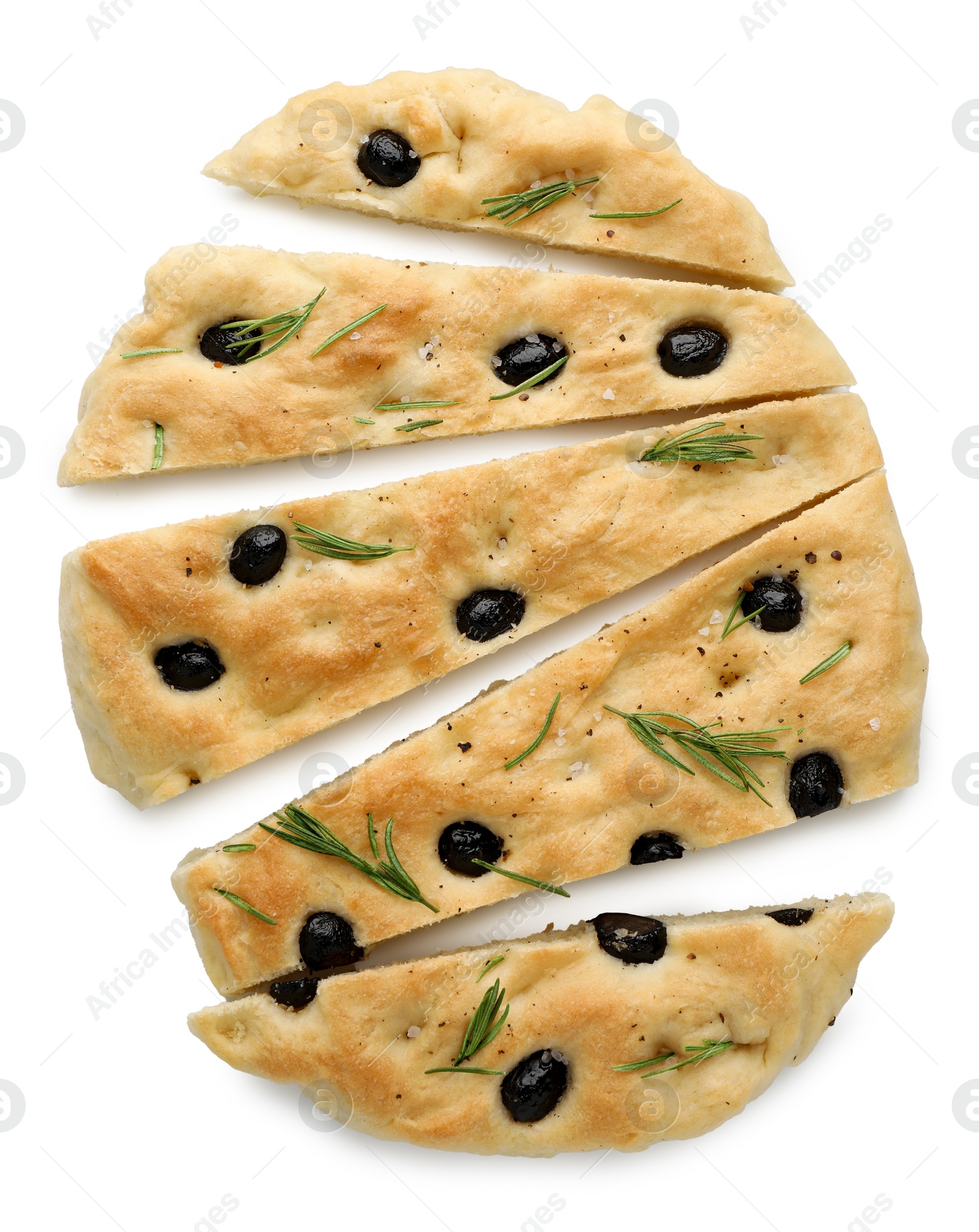 Photo of Slices of delicious focaccia bread with olives and rosemary isolated on white, top view