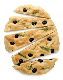 Photo of Slices of delicious focaccia bread with olives and rosemary isolated on white, top view