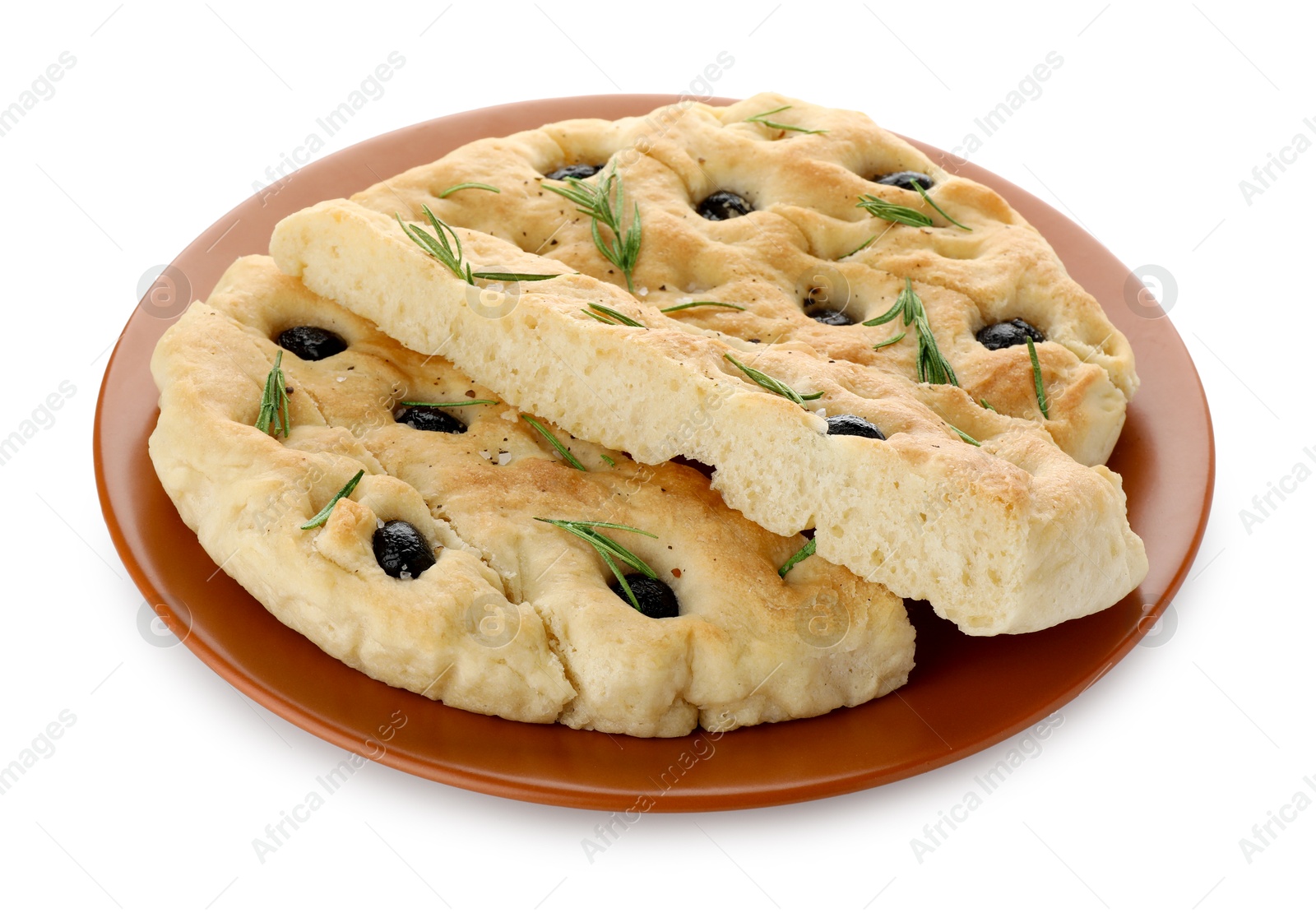 Photo of Slices of delicious focaccia bread with olives and rosemary isolated on white