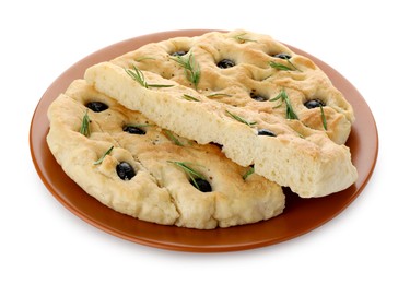 Photo of Slices of delicious focaccia bread with olives and rosemary isolated on white